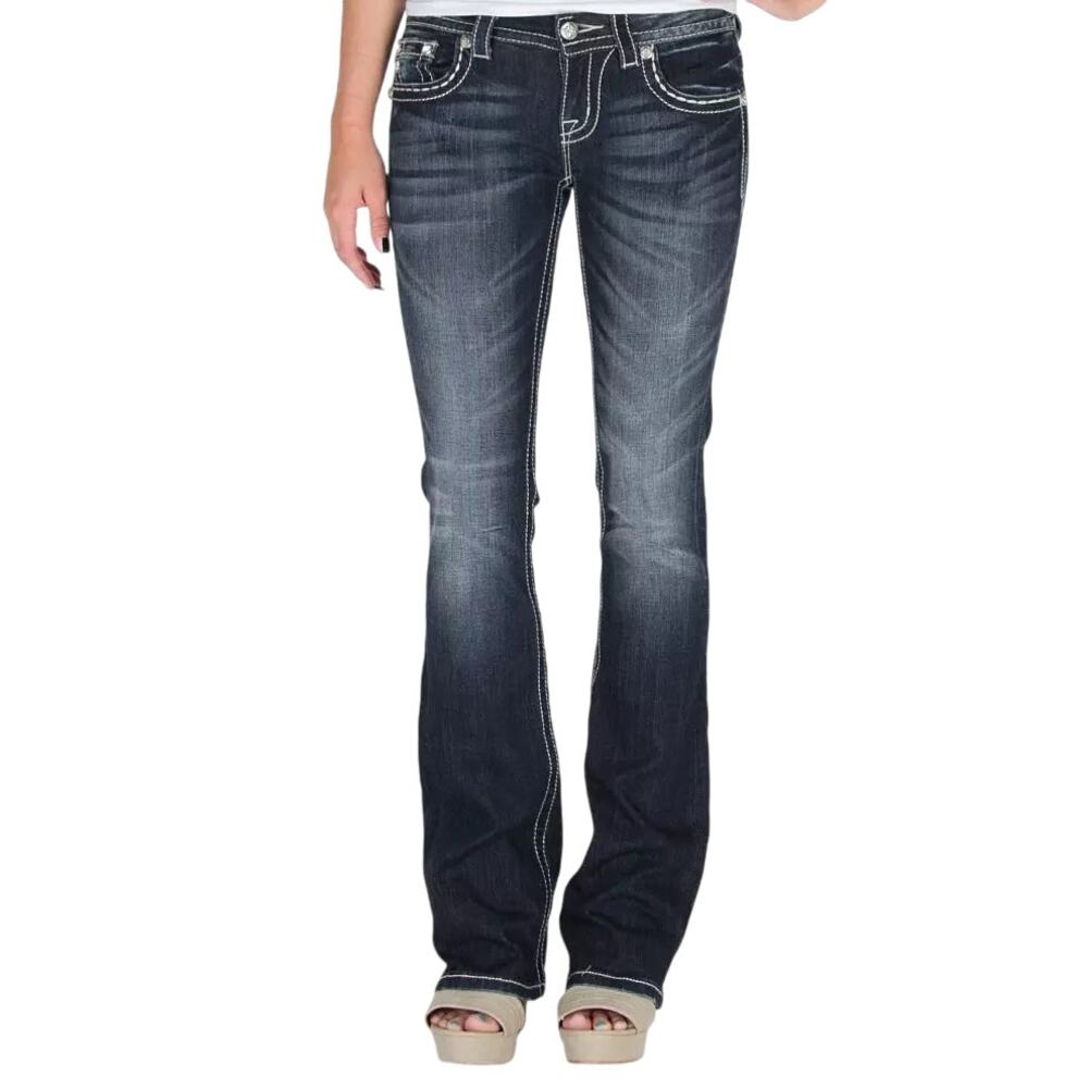 Miss Me Embellished Boot Stretch Jean Rhinestone Patch Medium Wash Blue 30x33